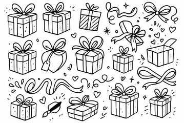 Hand-drawn doodle vector set of gift boxes and ribbons created in a fun sketchy ink-pen style, AI, EPS, JPG, PNG, isolated on white background
