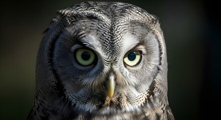 Obraz premium Ilustración generativa de IA de ojos amarillos redondos de primer plano de un gran búho gris mirando hacia otro lado en la noche oscura
