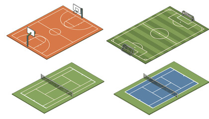 Dynamic collection of isometric sports courts including basketball soccer tennis and badminton for active lifestyle concepts