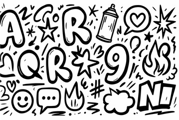 Fototapeta premium Hand-drawn doodle vector collection of graffiti black vectors, created in a fun, sketchy, street-art doodle style with bold shapes and expressive lines, isolated on white background 