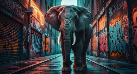Naklejka premium Un sorprendente primer plano de un majestuoso elefante se destaca sobre un fondo de vibrantes graffitis urbanos, que combinan la vida silvestre con el arte callejero contemporáneo en un entorno cautiv