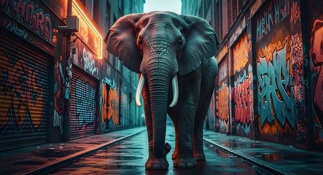 Un sorprendente primer plano de un majestuoso elefante se destaca sobre un fondo de vibrantes graffitis urbanos, que combinan la vida silvestre con el arte callejero contempor&aacute;neo en un entorno cautiv