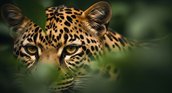El ojo de un leopardo, Panthera pardus, mirando a trav&eacute;s del verdor, marco natural