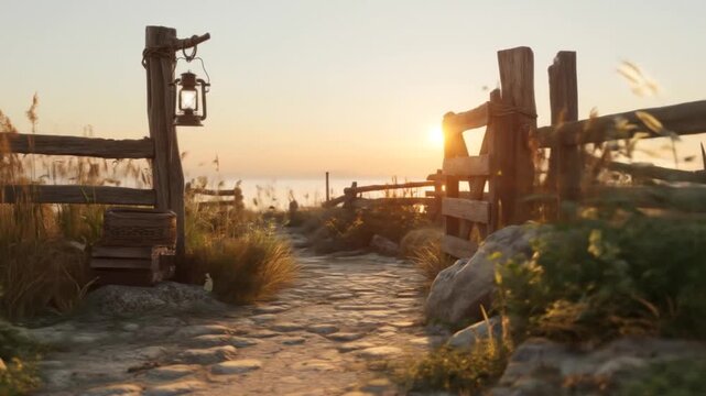 A sunset scene depicts a rustic path leading to a sea view, lantern and wooden gate adding charm