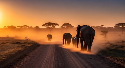 Manada de elefantes africanos caminando al atardecer