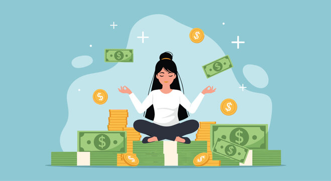 Achieve financial serenity, a woman meditating amidst stacks of money and coins, symbolizing wealth and peace of mind