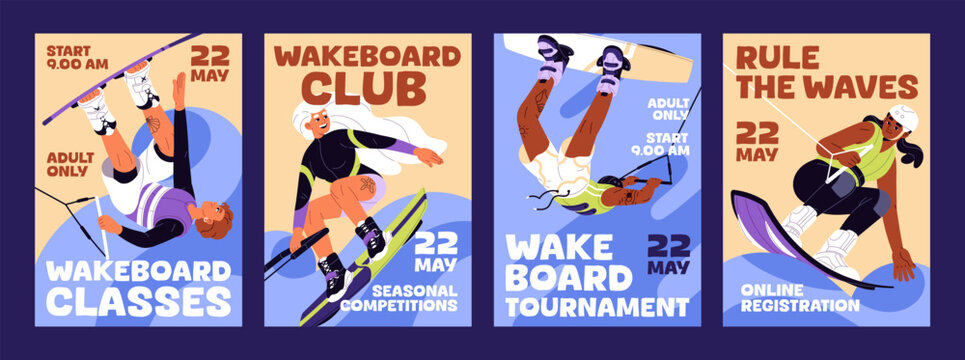 Set of wakeboarding event poster designs. Advertising templates of kiteboarding on sea. Promotion layouts with people are kitesurfing and surfing with board on waves. Flat vector illustrations.