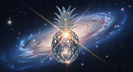 Crystal pineapple sculpture with rainbow reflections, floating on cosmic background, galaxy stars, highly detailed light refraction, fantasy digital art style 