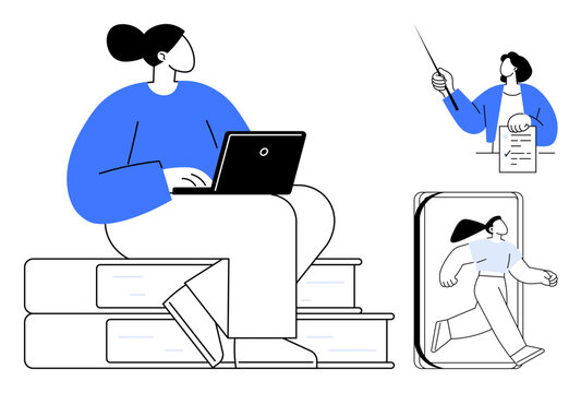 Person using laptop on books, instructor with checklist, individual stepping out of a digital book. Ideal for education, technology, e-learning, creativity, innovation, goal-setting modern learning