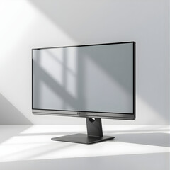 Angled Desktop Monitor Mockup with Blank Screen, Minimal iMac Style Display Mockup in Soft Light, Clean Computer Screen Mockup for UI/UX Presentation, White Monitor Mockup with Sunlight Shadows