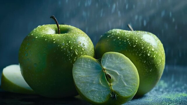 A green apple with a bite taken out of it. The other apple is whole