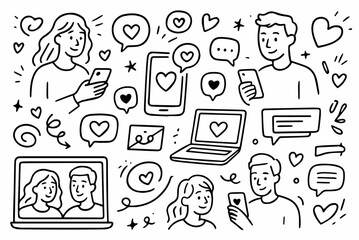 Hand-drawn doodle vector collection of Modern Love and Digital Romance, created in a fun, playful, sketchy doodle style, isolated on white background
