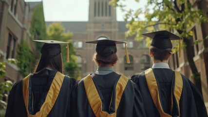 Three graduates are standing in front of a building. They are wearing caps and gowns. One of them is wearing a yellow and black gown - Powered by Adobe