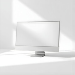 Angled Desktop Monitor Mockup with Blank Screen, Minimal iMac Style Display Mockup in Soft Light, Clean Computer Screen Mockup for UI/UX Presentation, White Monitor Mockup with Sunlight Shadows