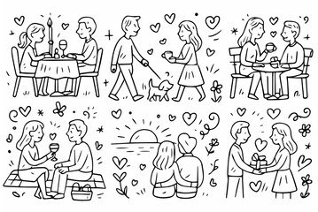 Hand-drawn doodle vector collection of romantic dates and scenes, created in a fun, playful, sketchy doodle style, isolated on white background
