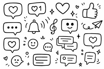Hand-drawn doodle vector collection of social media likes and comments, created in a fun, playful, sketchy doodle style, isolated on white background
