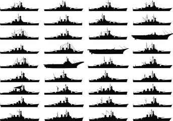 Warship silhouette collection, naval vessel icons, battleship, cruiser, destroyer, aircraft carrier, military ship design, black vector illustration, fleet comparison