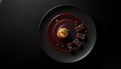 A sophisticated dish featuring seared scallop and tuna cubes arranged over a spiral red sauce with gold flakes.