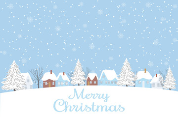 Snow-covered Christmas village with beautiful houses and trees. Winter village landscape with falling snow. Vector illustration of a winter Christmas village for backgrounds and design.