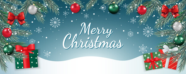 Merry Christmas background with beautiful pine branches, decorations, gifts, and snowflakes for design. Beautiful festive Christmas background, vector illustration.