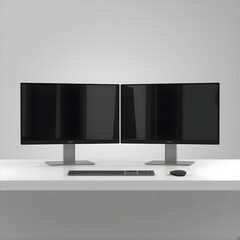 Dual Monitor Mockup with Black Screens and Keyboard, Dark Screen Desktop Mockup with Mouse and Keyboard, Modern Workstation Mockup with Twin Monitors, Blank Dark Display Mockup for UI/UX Design