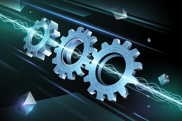Three interlocking metallic blue gears with glowing cyan energy waves passing through them against a dark abstract background with geometric shapes