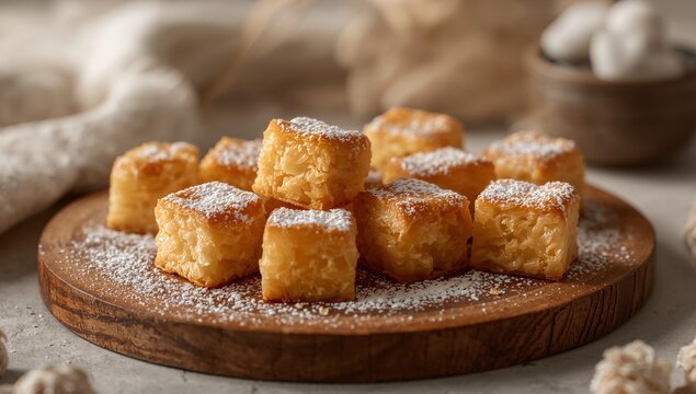 Golden Cubes A Still Life with Powdered Accents, Displayed on a Dark Wooden Board.