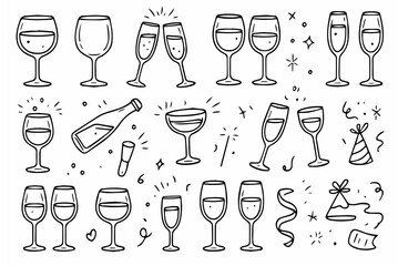 Hand-drawn doodle vector collection of wine and champagne glasses, created in a fun, playful, sketchy doodle style, isolated on white background
