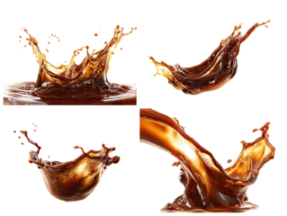 Four images of brown liquid splashes