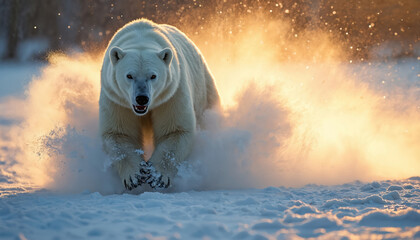 Powerful polar bear runs fast through snow creating cloud of ice crystals. Majestic white predator moves across icy landscape at sunset. Wild arctic animal on frozen tundra.