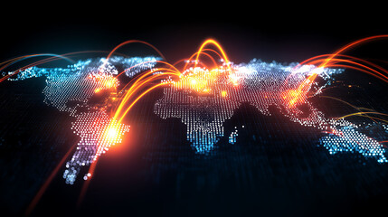 Global supply chain network illustration with glowing nodes and vibrant arcs