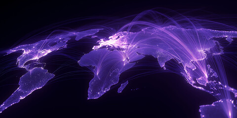 Earth world map with blue light and purple hue, depicting logistics routes in a simple style