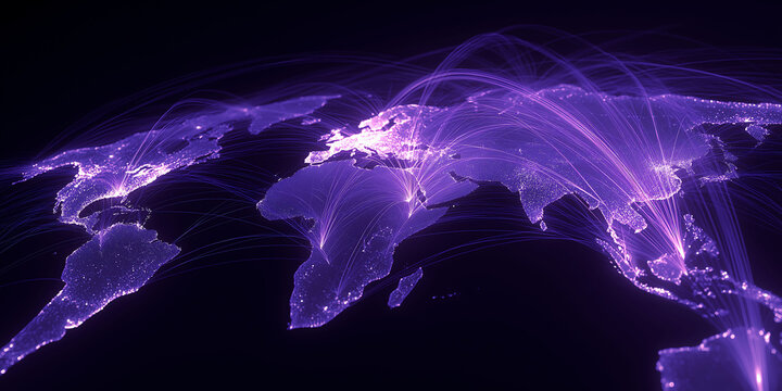 Earth world map with blue light and purple hue, depicting logistics routes in a simple style