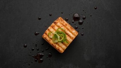 Grilled Square with Green Accent on Dark Texture, a Culinary Still Life.