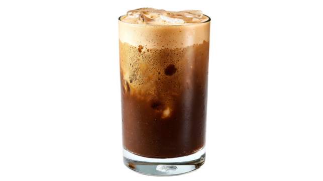 A refreshing glass of iced root beer with a frothy head, , perfect for a hot day or as a classic soda fountain treat
