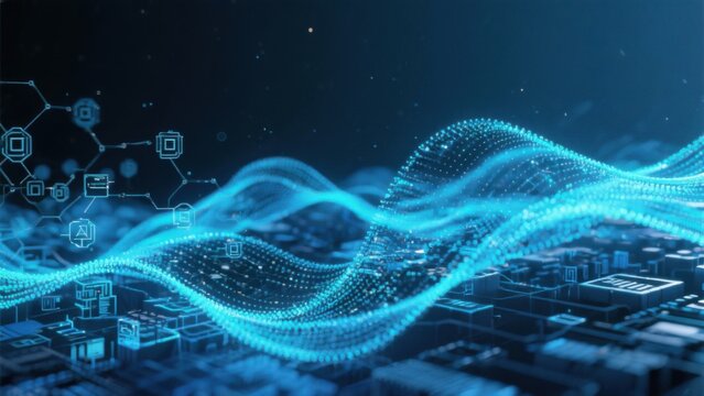 Abstract futuristic technology network connection with blue energy wave flow