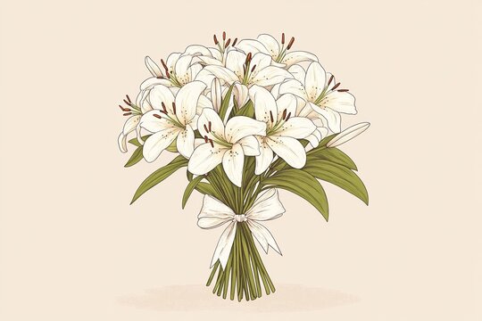 a bouquet of white lilies tied with a ribbon, beige background, hand-drawn illustration of an elegant flower bouquet for a wedding invitation card design, postcard, banner, poster, or print template. - Powered by Adobe