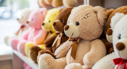 A cute teddy bear is sitting in the sunlight, surrounded by colorful toys.
