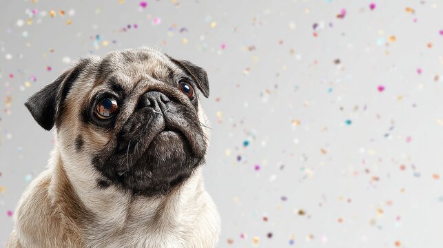 attentive pug dog sitting amid colorful confetti at a birthday party with copy space, celebrating a festive occasion, fun pet photography for advertising and promotional concepts