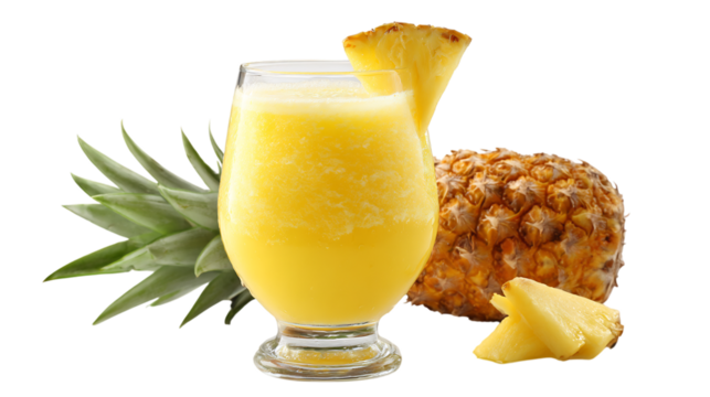 Refreshing pineapple juice in a glass, , accompanied by a whole pineapple and a slice, creating a tropical and healthy vibe