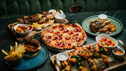A table with a variety of food, including pizza, chicken, and vegetables. The table is set for a meal, with wine glasses and bowls of condiments. Scene is inviting and cozy, with the food