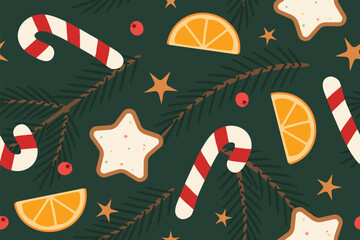 christmas holiday seamless pattern with fir tree branches, candy canes, berries, gingerbread cookies, orange slices, golden stars; great for wrapping, greeting cards, social media graphics