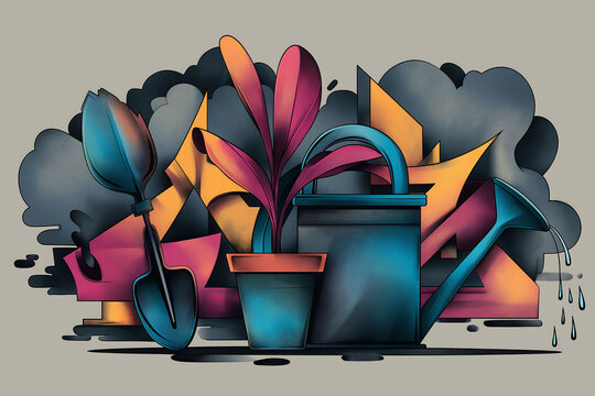 Logo for gardening enthusiasts with plants, shovel, and watering can in vivid graffiti style