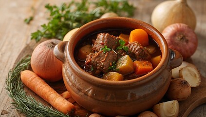 Rustic Pot with Savory Morsels, Root Vegetables, and Aromatic Herbs on Wooden Surface.