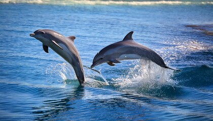 Fototapeta premium two dolphins leap gracefully out of the water showcasing their beauty and agility