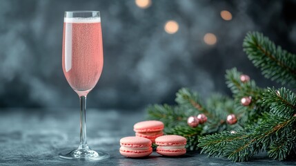 new year and christmas background with pink champagne cocktail in a glass, macarons on a dark grey table near a fir tree branch. 
