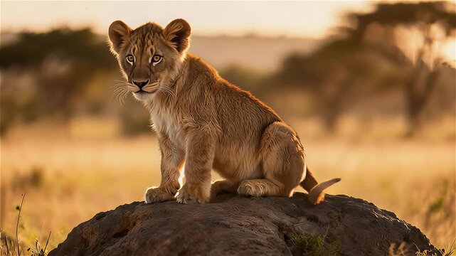 Cachorro de leon  sobre una roca