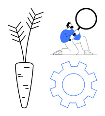 Male figure examines closely with magnifying glass, next to carrot illustration and cogwheel. Ideal for research, agriculture, innovation, mechanics, focus, problem-solving growth. Simple flat