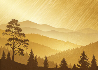 Golden mountain landscape with pine trees a serene nature illustration perfect for backgrounds and scenic designs