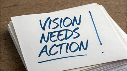 White paper with the phrase Vision Needs Action highlighted